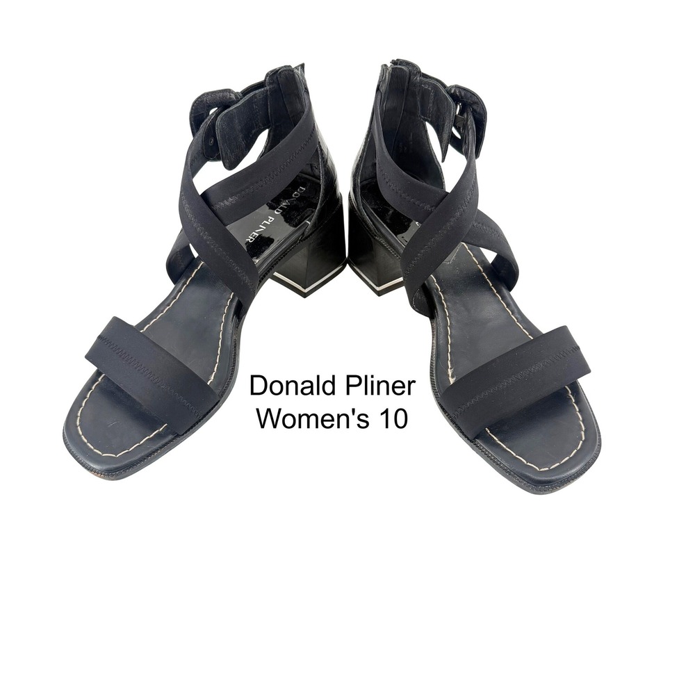 Donald Pliner Womens 10 Black Croc Embossed Leather Strappy Block Heel Sandals